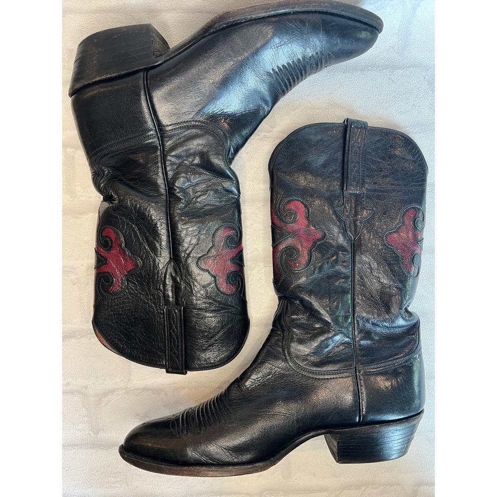 Lucchese Mens Black Leather Western Cowboy Boots Red Inlay 9.5 D